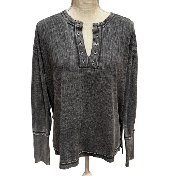 Project Social T Tops - Project Social T Oversized Charcoal Waffle Knit Long Sleeve Top